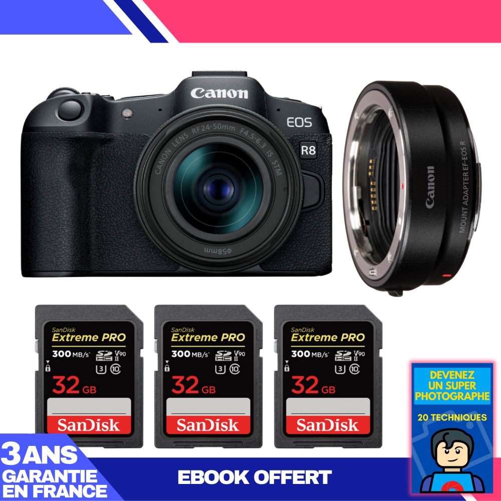 Boîtier Canon EOS R8 + Objectif RF 24-50mm f/4.5-6.3 IS STM + Adaptateur EF-EOS R + 3 Cartes Mémoire SanDisk Extreme PRO UHS-II 32 Go + Ebook 'Devenez un Super Photographe'