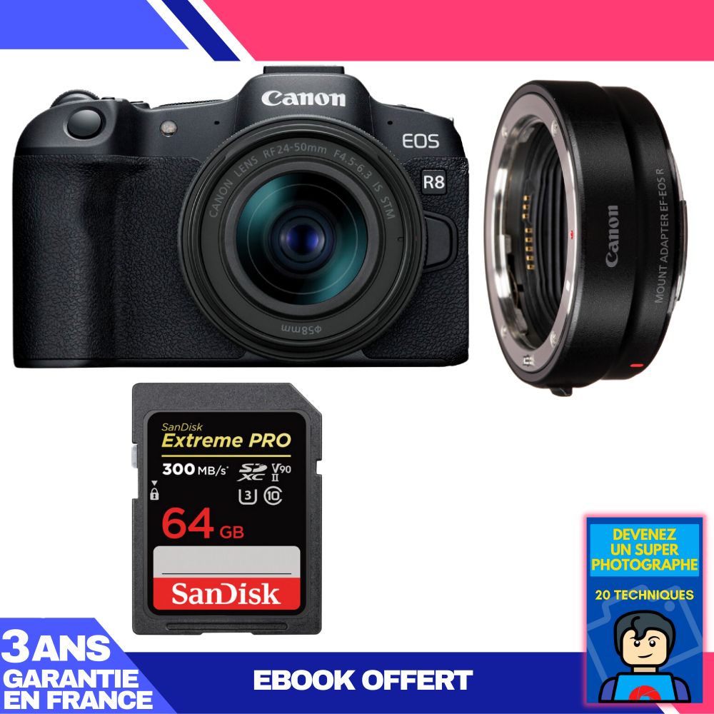 Canon EOS R8 Camera Kit with RF 24-50mm Lens + EF-EOS R Adapter + 1 SanDisk 64GB Extreme PRO SD Card + 'Become a Super Photographer' Ebook
