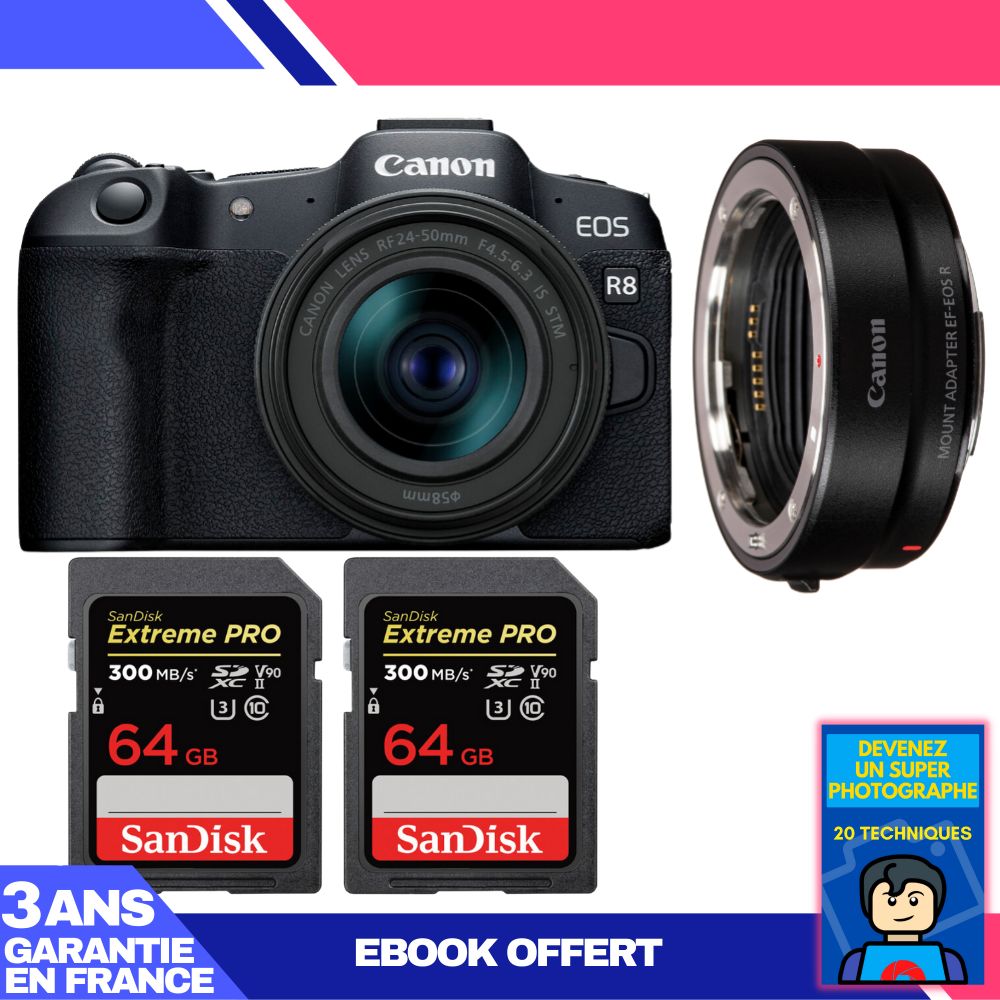 Kit Canon EOS R8 con lente RF 24-50mm + adaptador EF-EOS R + 2 tarjetas SDXC SanDisk Extreme PRO de 64 GB + libro electrónico: Conviértase en un fotógrafo super