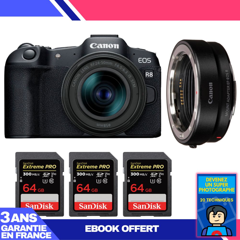 Kit Canon EOS R8 Appareil photo hybride avec objectif RF 24-50mm et adaptateur EF + 3 cartes SD SanDisk Extreme PRO 64 Go