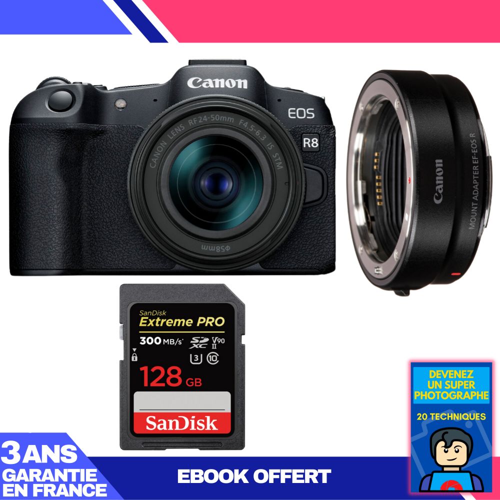 Canon EOS R8 Camera Kit with RF 24-50mm Lens + EF-EOS R Adapter + 128GB SanDisk Extreme PRO SD Card