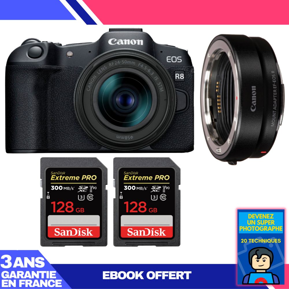 Kit Canon EOS R8 con lente RF 24-50mm + adaptador EF-EOS R + 2 tarjetas SanDisk 128GB Extreme PRO + ebook 'Conviértete en un fotógrafo experto'