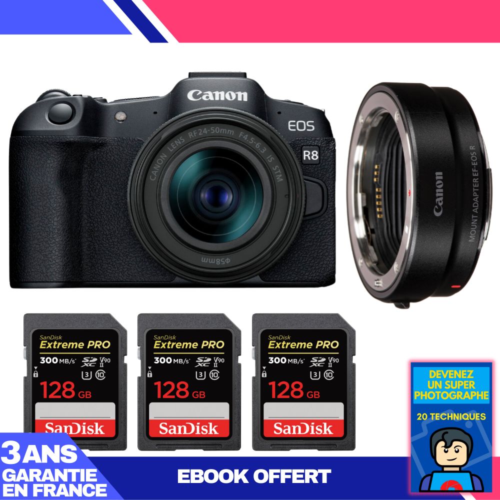 Boîtier Canon EOS R8 + Objectif RF 24-50mm f/4.5-6.3 IS STM + Adaptateur EF-EOS R + 3 Cartes SD SanDisk Extreme PRO 128 Go UHS-II 300 Mo/s + Ebook 'Devenez un Super Photographe'