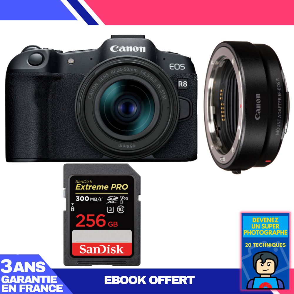 Canon EOS R8 Camera Kit with RF 24-50mm Lens + EF-EOS R Adapter + 256GB SanDisk Extreme PRO SD Card + Ebook: Become a Super Photographer