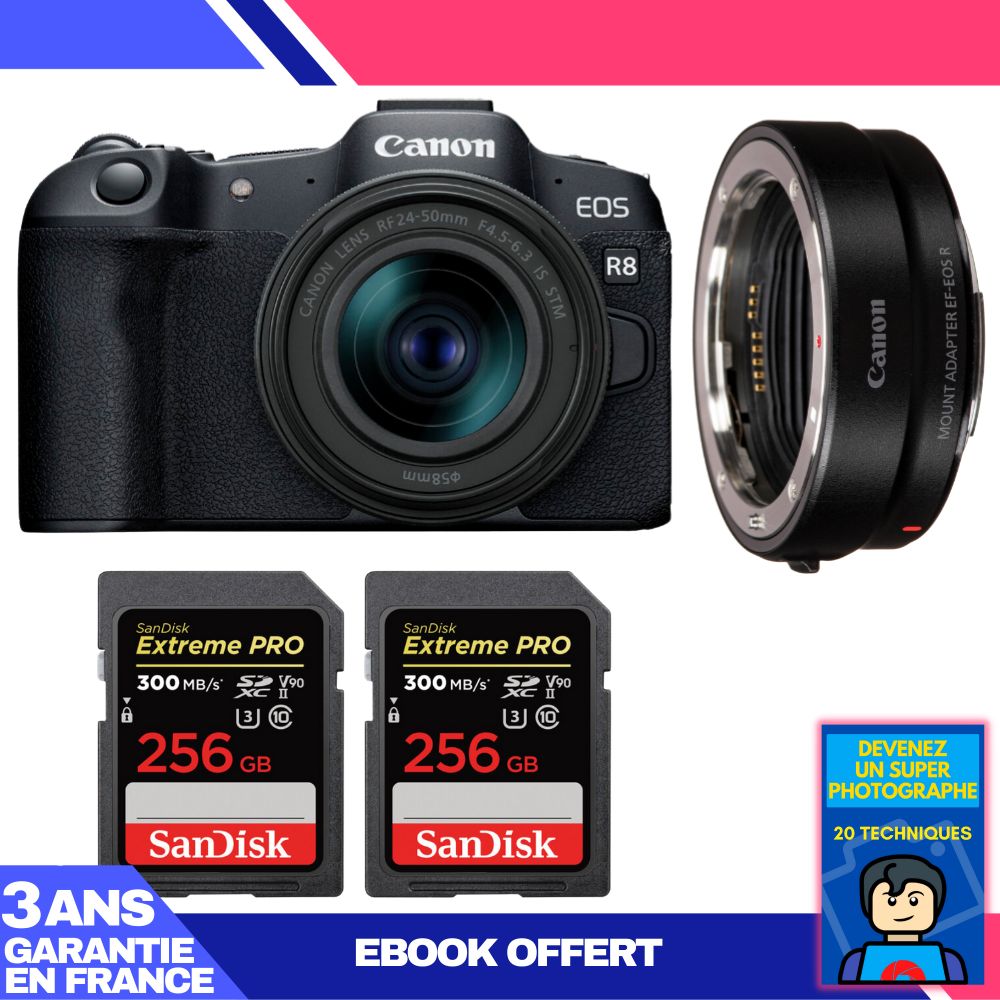 Kit Canon EOS R8 con lente RF 24-50mm IS STM + adaptador EF-EOS R + 2 tarjetas SanDisk Extreme PRO de 256 GB + ebook 'Conviértete en un fotógrafo experto'