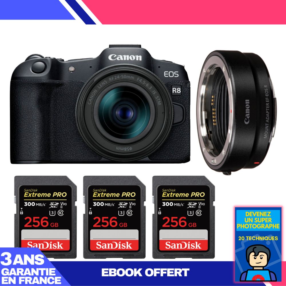 Appareil photo hybride Canon EOS R8 avec objectif RF 24-50mm + adaptateur EF + 3 cartes SDXC SanDisk 256 Go Extrême PRO + ebook : Devenez un photographe exceptionnel