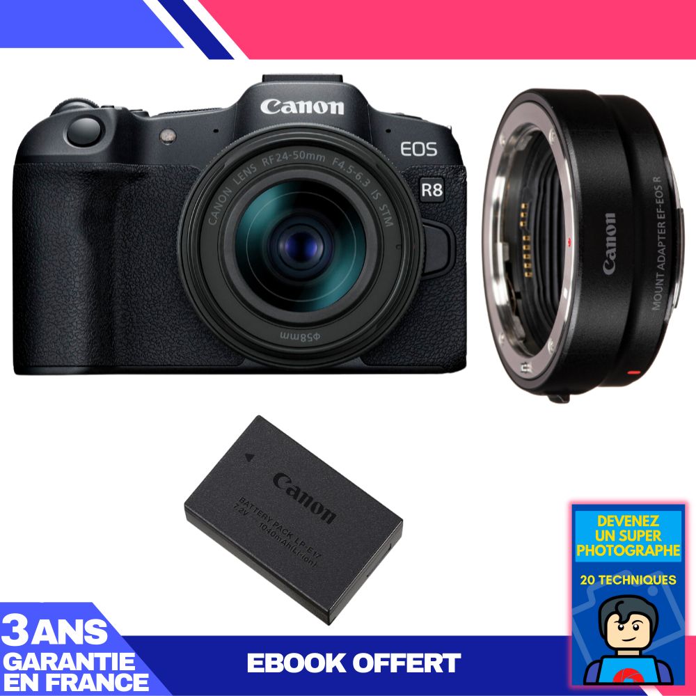 Canon EOS R8 Mirrorless Camera Kit with RF 24-50mm Lens + EF-EOS R Adapter + LP-E17 Battery + 'Become a Master Photographer' Ebook