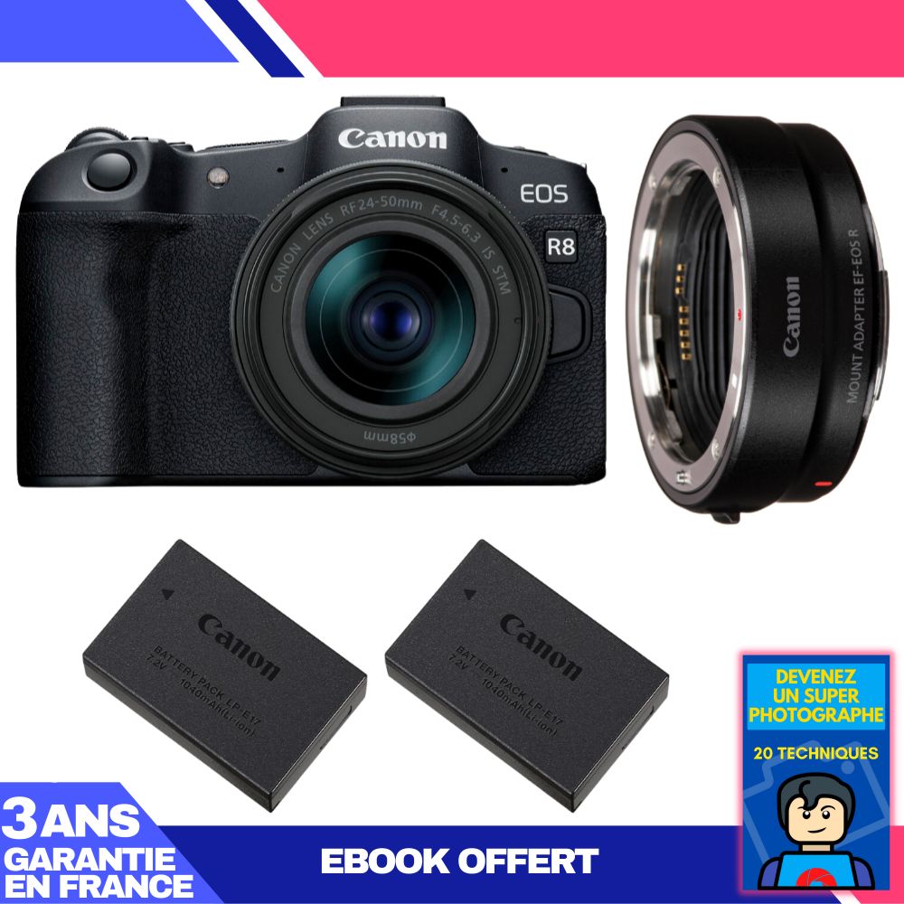 Kit Canon EOS R8 Cámara sin espejo con objetivo RF 24-50mm IS STM y más