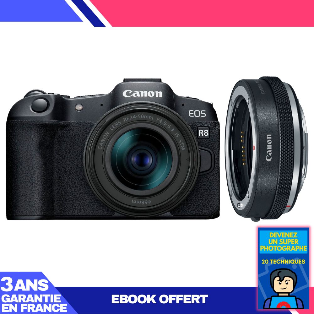 Canon EOS R8 Hybrid Kit with RF 24-50mm IS STM Lens and Canon EF-EOS R Premium Adapter + Ebook: Become a Super Photographer