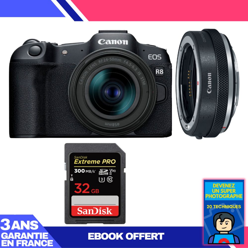 Canon EOS R8 Camera Kit with RF 24-50mm Lens + EF-EOS R Adapter + SanDisk 32GB Extreme PRO SD Card + 'Become a Super Photographer' Ebook