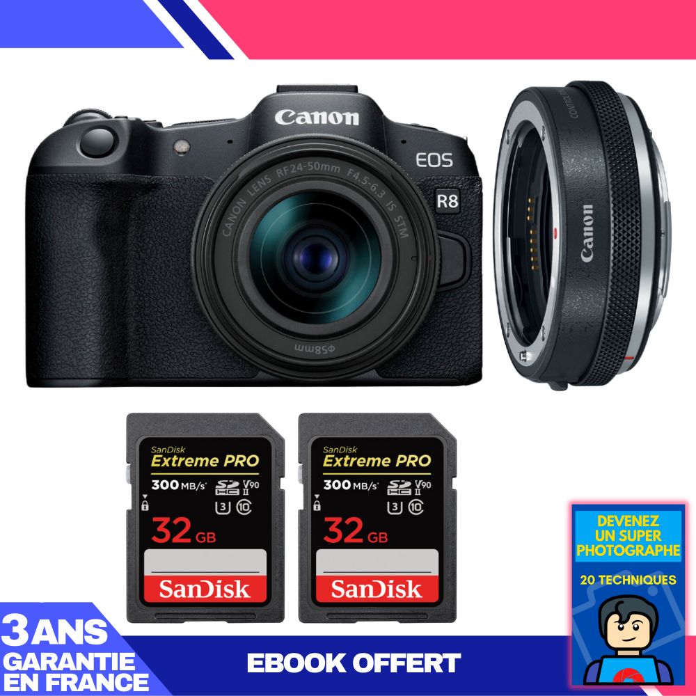 Canon EOS R8 Body + RF 24-50mm IS STM Lens + EF-EOS R Adapter + 2x SanDisk 32GB Extreme PRO UHS-II SDXC Cards (300MB/s) + 'Become a Super Photographer' Ebook