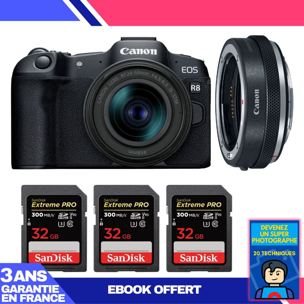 Kit Canon EOS R8 con lente RF 24-50mm f/4.5-6.3 IS STM + adaptador EF-EOS R + 3 tarjetas SanDisk Extreme PRO de 32 GB + ebook 'Conviértete en un fotógrafo super'
