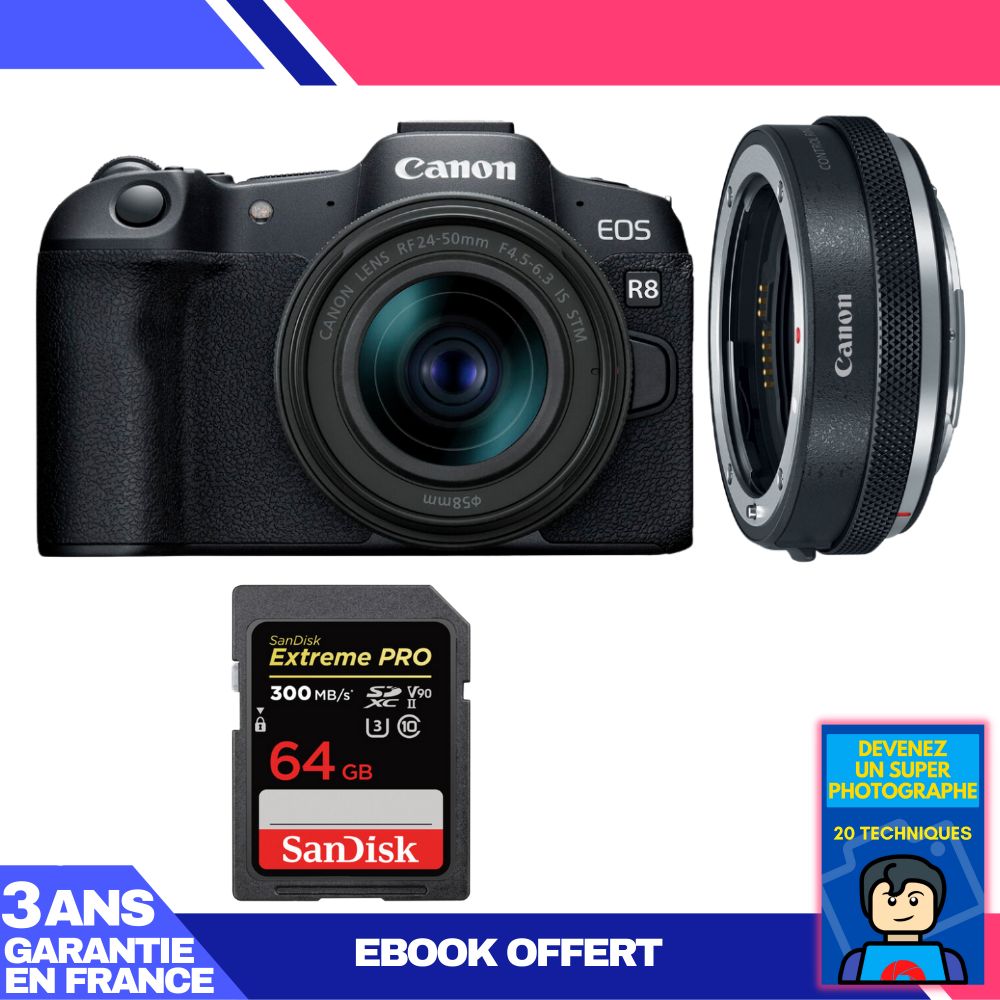 Canon EOS R8 Body + RF 24-50mm IS STM Lens + EF-EOS R Adapter + 1x 64GB SanDisk Extreme PRO UHS-II SDXC Card + 'Become a Super Photographer' Ebook