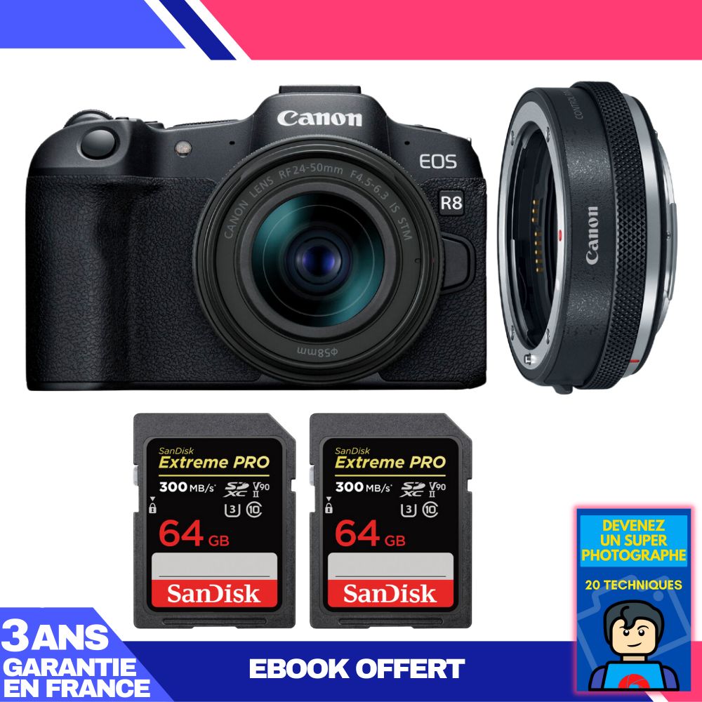 Canon EOS R8 + RF 24-50mm IS STM Lens + EF-EOS R Adapter + 2x 64GB SanDisk Extreme PRO SDXC Cards + 'Become a Super Photographer' Ebook