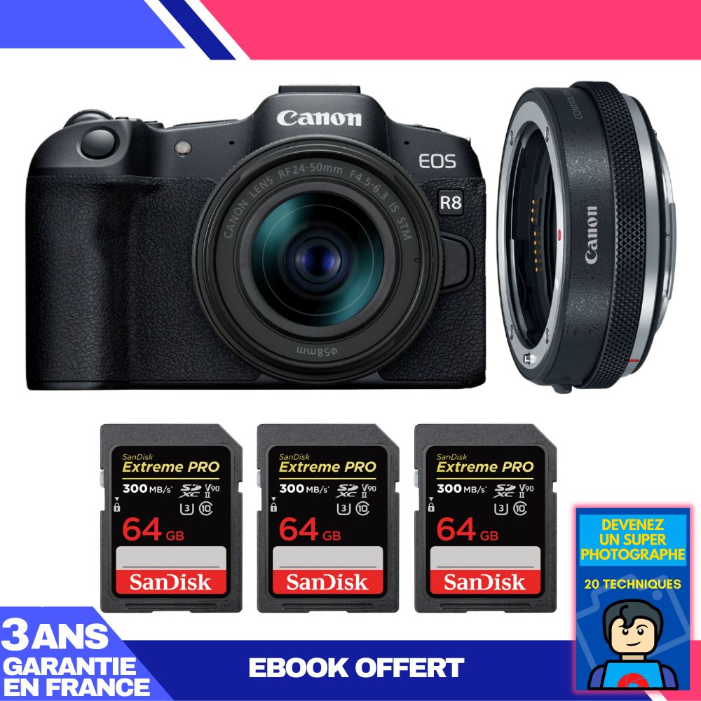Kit Canon EOS R8 con objetivo RF 24-50mm f/4.5-6.3 IS STM y adaptador EF-EOS R Premium + 3 tarjetas SD SanDisk 64GB Extreme PRO UHS-II