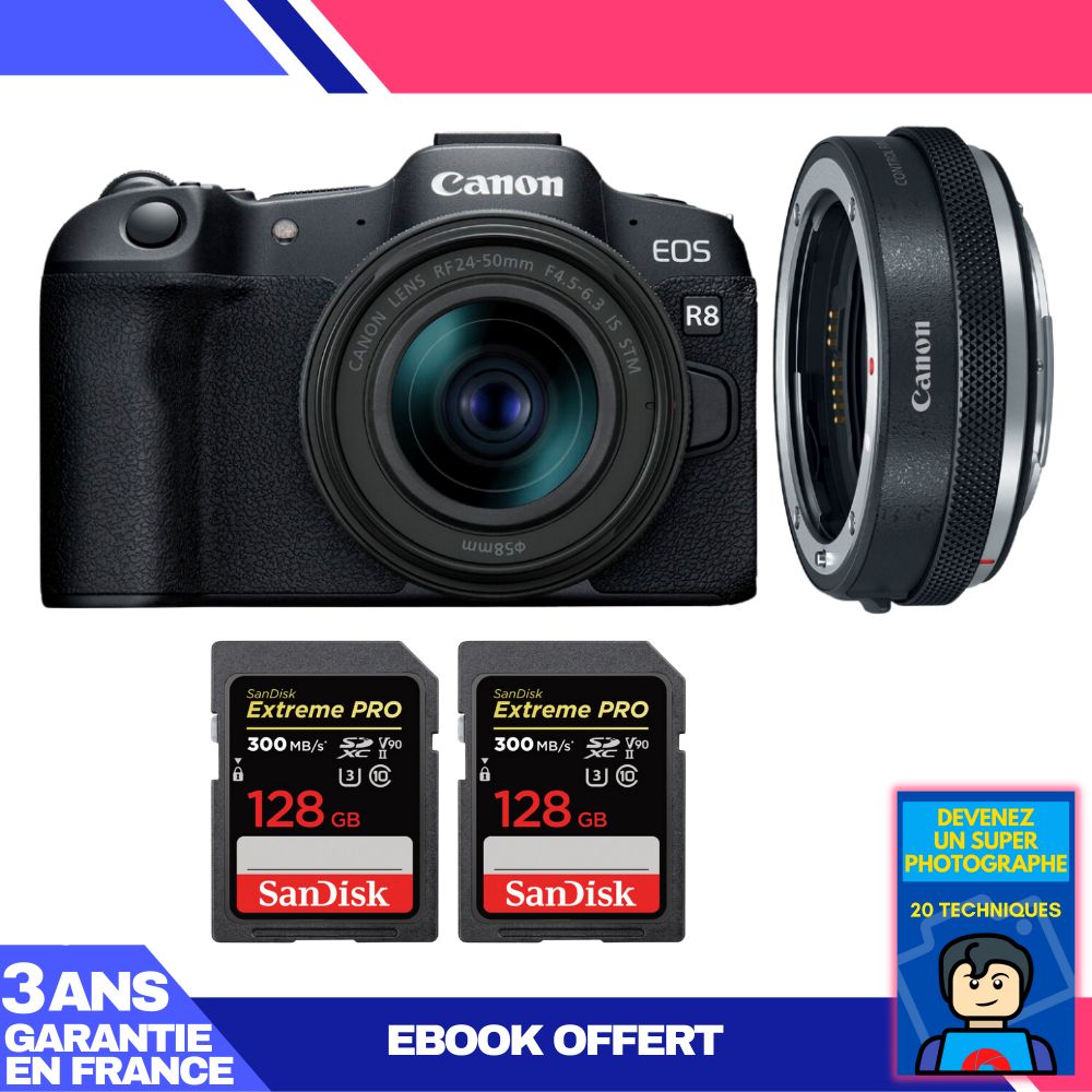 Canon EOS R8 Camera Kit with RF 24-50mm IS STM Lens and Premium EF-EOS R Adapter + SanDisk Extreme PRO SD Cards