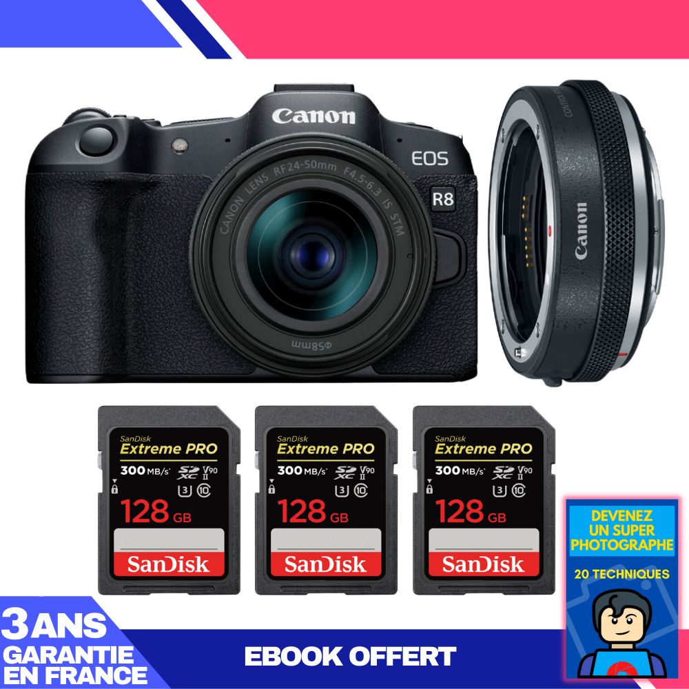 Kit Canon EOS R8 con lente RF 24-50mm + adaptador EF-EOS R + tarjetas SD SanDisk Extreme PRO