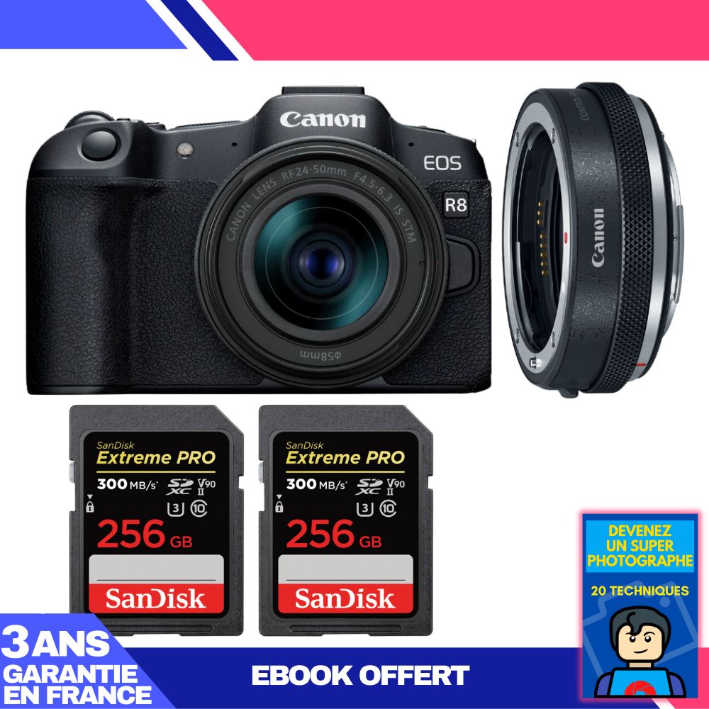 Canon EOS R8 Body + RF 24-50mm IS STM Lens + EF-EOS R Adapter + 2x 256GB SanDisk Extreme PRO UHS-II SDXC Cards + 'Become a Super Photographer' Ebook