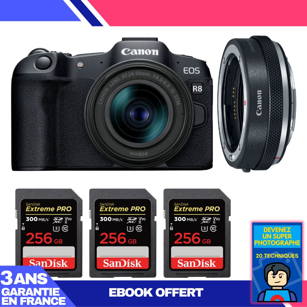 Kit Canon EOS R8 con objetivo RF 24-50mm f/4.5-6.3 IS STM + adaptador EF-EOS R + 3 tarjetas SDXC SanDisk Extreme PRO de 256 GB