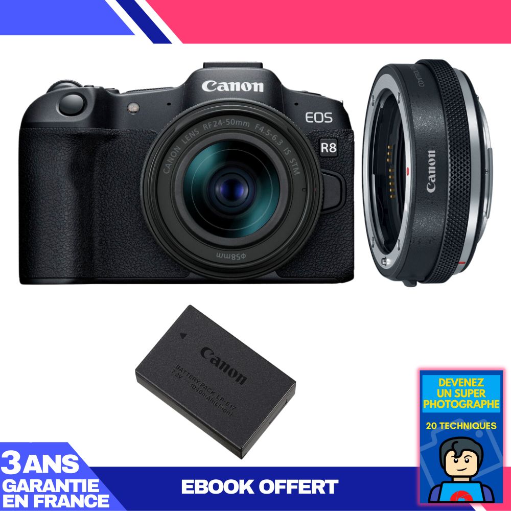 Canon EOS R8 Hybrid Kit with RF 24-50mm IS STM Lens and EF-EOS R Premium Adapter + LP-E17 Battery and Ebook