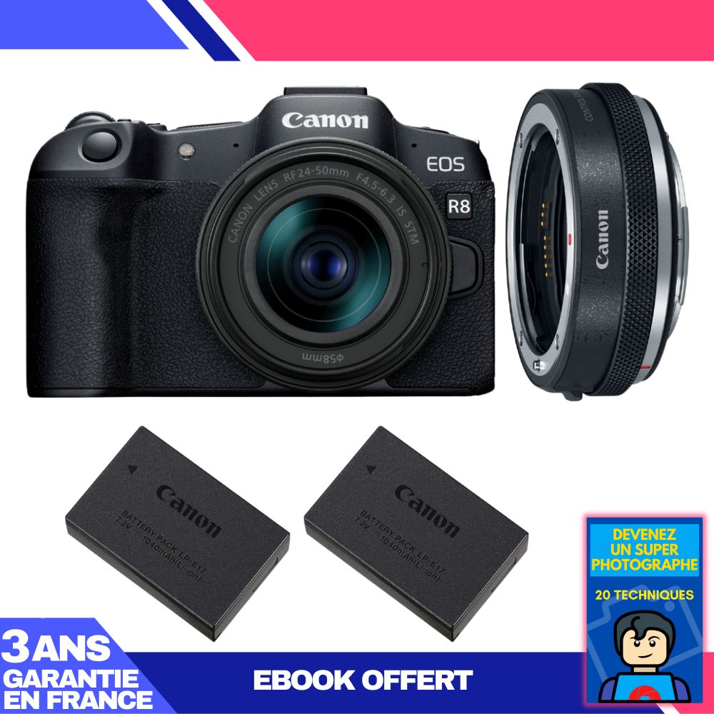 Canon EOS R8 Hybrid Camera Kit with RF 24-50mm IS STM Lens and EF-EOS R Premium Adapter + 2 LP-E17 Batteries + 'Become a Super Photographer' Ebook