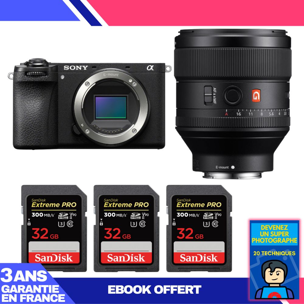 Sony A6700 Camera + FE 85mm f/1.4 GM Lens + 3 SanDisk 32GB Extreme PRO UHS-II SDXC Cards + 'Become a Super Photographer' Ebook
