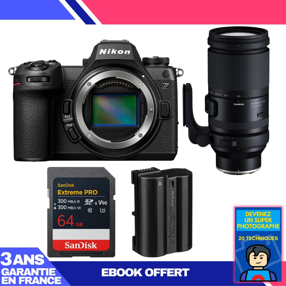 Nikon Z6 III Mirrorless Camera + Tamron 150-500mm f/5-6.7 Di III VC VXD Lens + 1 SanDisk 64GB Extreme PRO UHS-II SDXC Card + 1 Nikon EN-EL15c Battery + Ebook 'Become a Super Photographer'