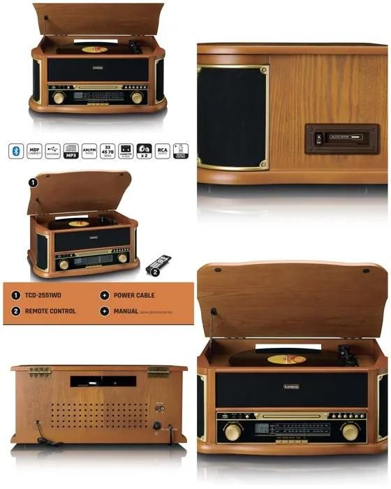 Reproductor de vinilos retro Lenco TCD-2551WD con Bluetooth 5.0, radio FM, reproductor de CD y cintas