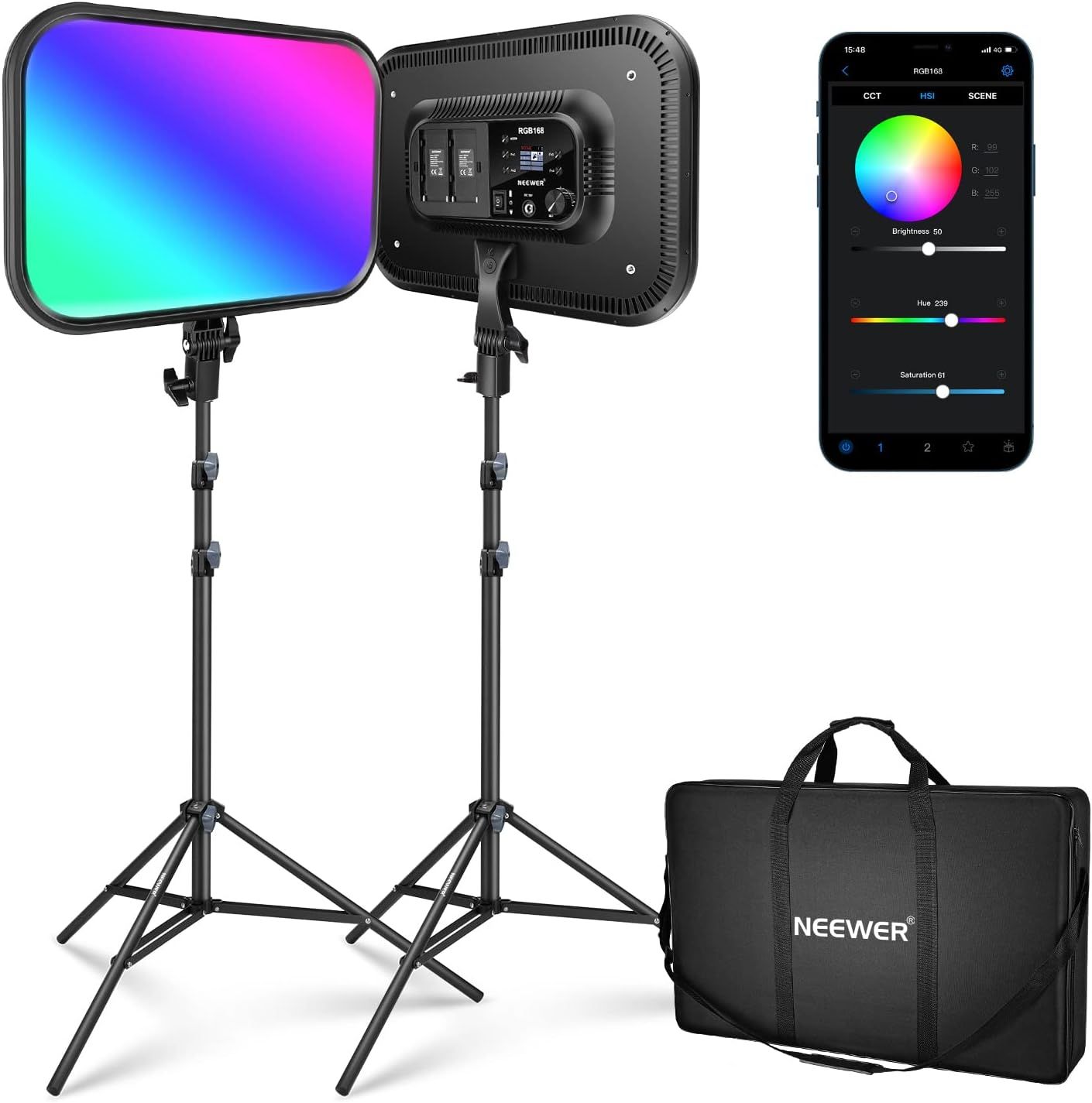 Ensemble de 2 panneaux d'éclairage vidéo LED RVB Neewer de 18,3 pouces avec kit de support de contrôle d'application, 360° couleur complète, 60W RGB168 réglable en intensité 2500K - 8500K CRI 97+ pour le jeu/YouTube/Zoom/Photographie