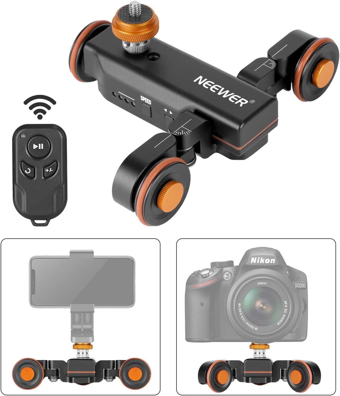 Chariot de caméra vidéo sans fil Neewer à 3 roues, chariot motorisé électrique à 3 vitesses avec télécommande, compatible avec caméscope, Gopro, iPhone, Android (Noir)