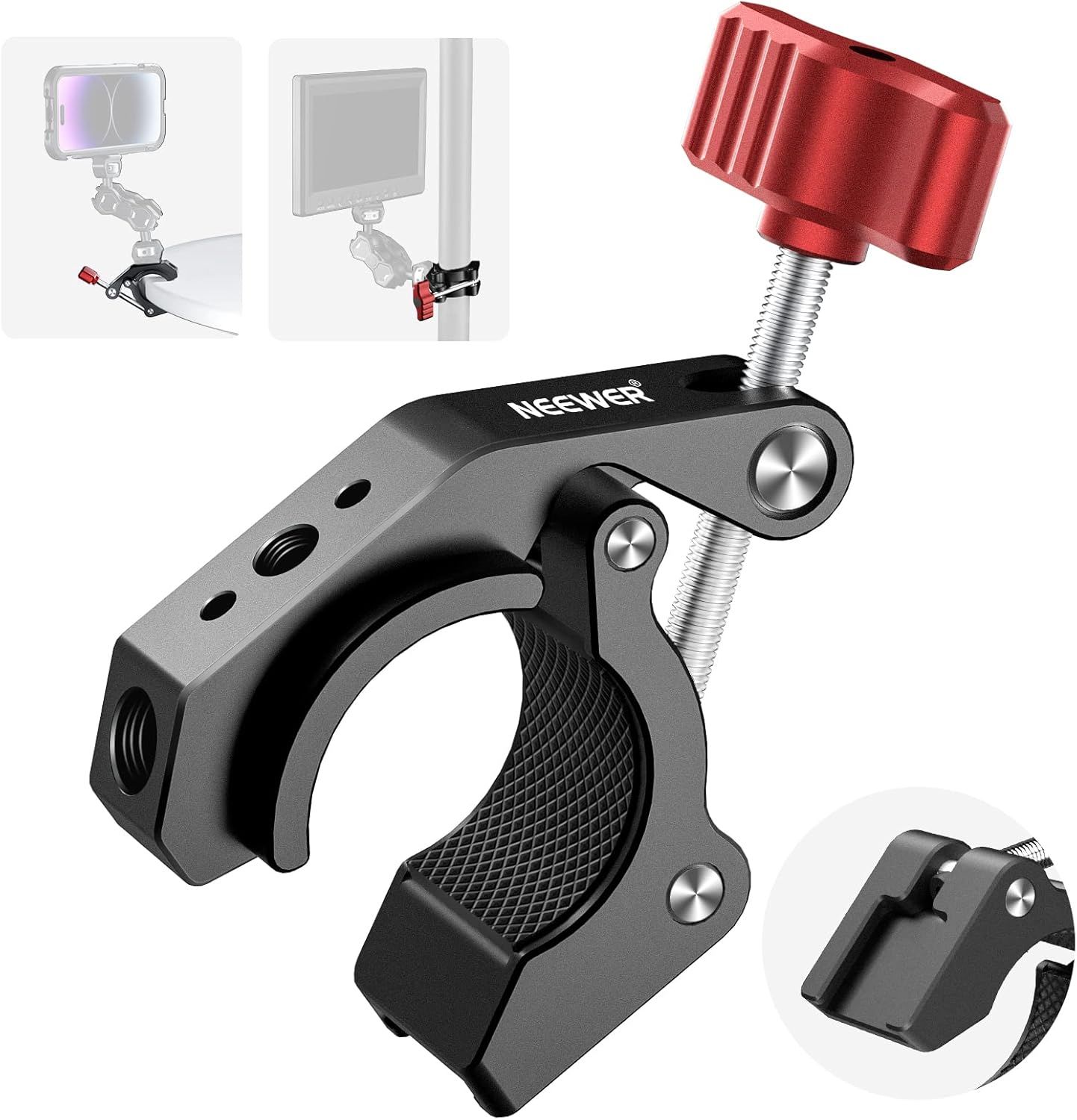 Pince Neewer Super Clamp avec chaussure froide et trous filetés 1/4'' et 3/8'', charge maximale 4 kg, support en forme de crab pour la plupart des accessoires photo, compatible avec SmallRig Magic Arm, rouge ST81