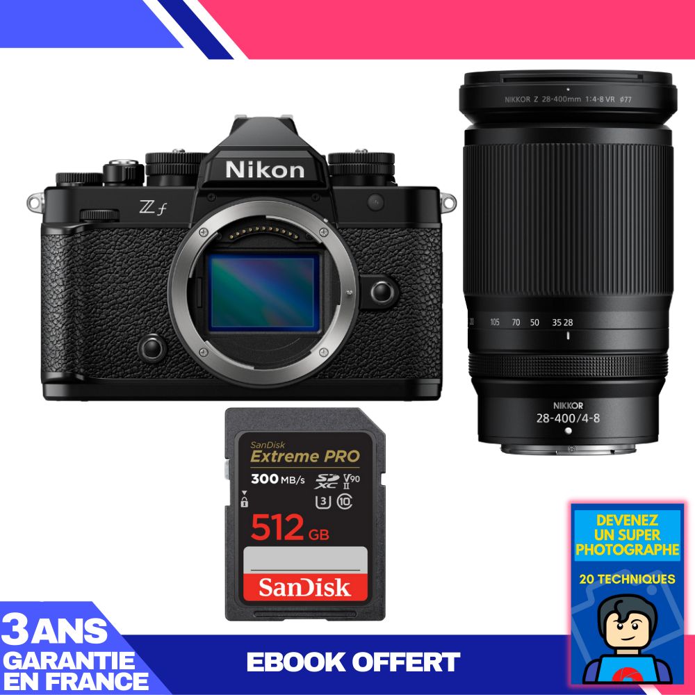 Appareil photo Nikon Zf avec objectif 28-400mm f/4-8 VR + carte SDXC SanDisk Extreme PRO de 512 Go