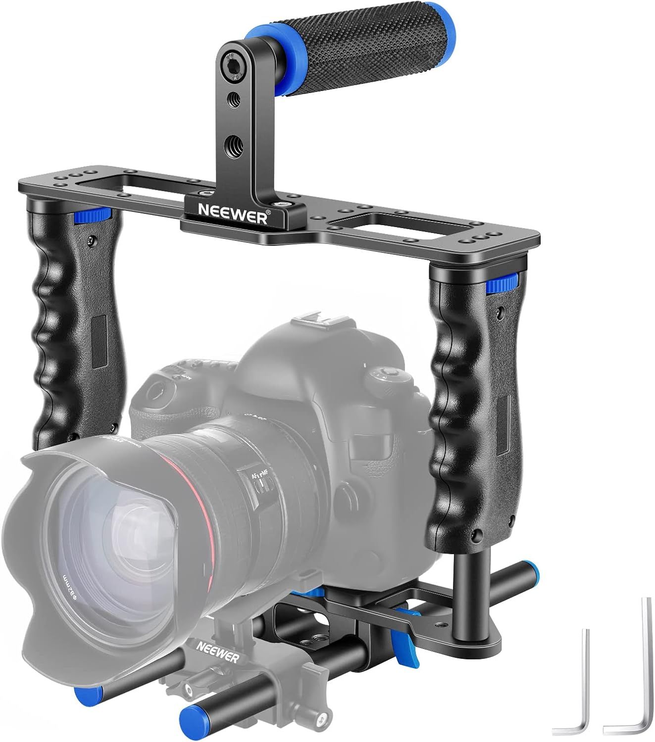 Kit de jaula de vídeo Neewer de aleación de aluminio con asa superior, doble asa y dos rieles de 15 mm, compatible con cámaras DSLR y videocámaras Canon, Sony, Nikon (Negro + Azul)