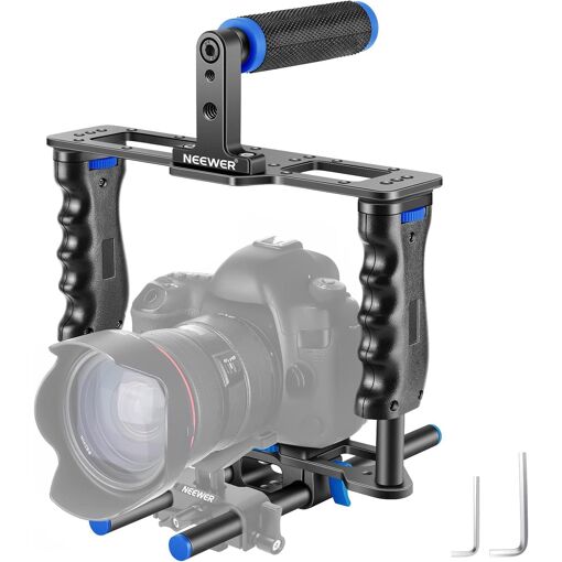 Kit de jaula de vídeo Neewer de aleación de aluminio con asa superior, doble asa y dos rieles de 15 mm, compatible con cámaras DSLR y videocámaras Canon, Sony, Nikon (Negro + Azul)