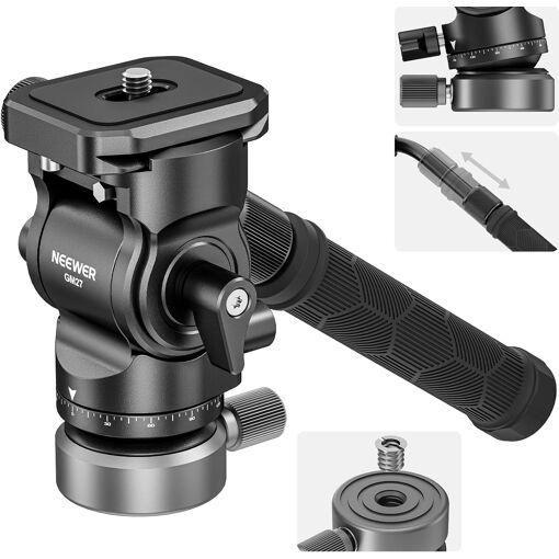 Tête fluide Neewer GM27 pour trépied vidéo avec base de nivellement +/-10°, diamètre 37 mm, tête en métal avec plaque de libération rapide de type Arca, poignée télescopique pour caméras