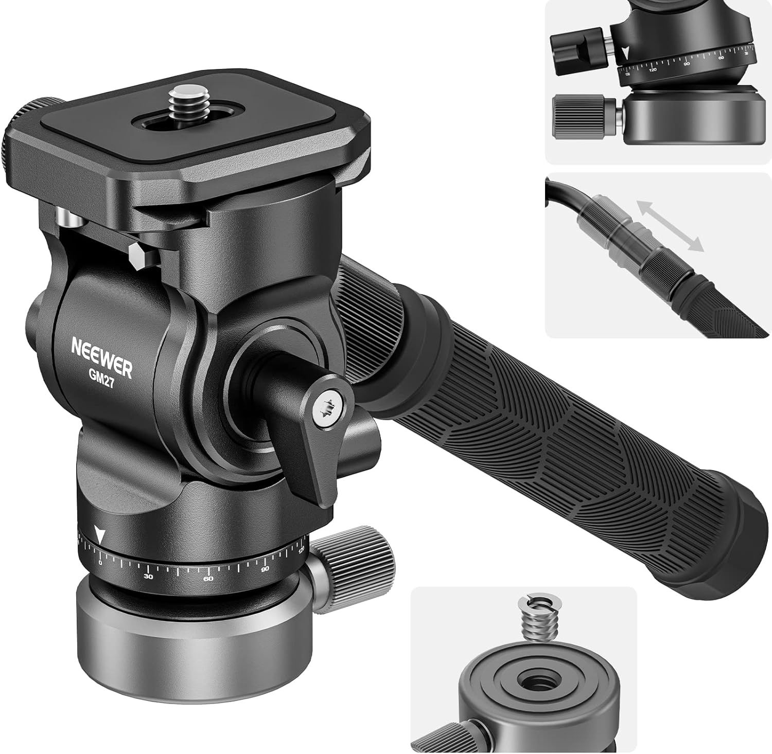 Neewer GM27 Fluid Head for Video Tripod with +/-10° Leveling Base (37mm Diameter), Metal Tripod Head with Quick Release Plate of Type Arca, Telescopic Handle for Cameras
