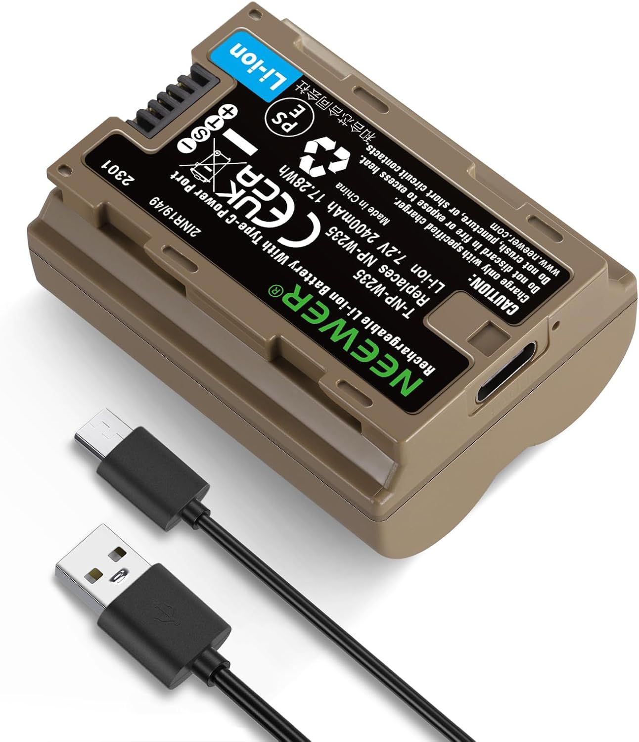 Batería recargable Neewer NP-W235 para cámara, 2400 mAh con cable, carga rápida USB Tipo C, compatible con FUJIFILM X-T5/X-T4/X-S20/X-H2S/X-H2/GFX50S II/GFX100S/VG-XT4