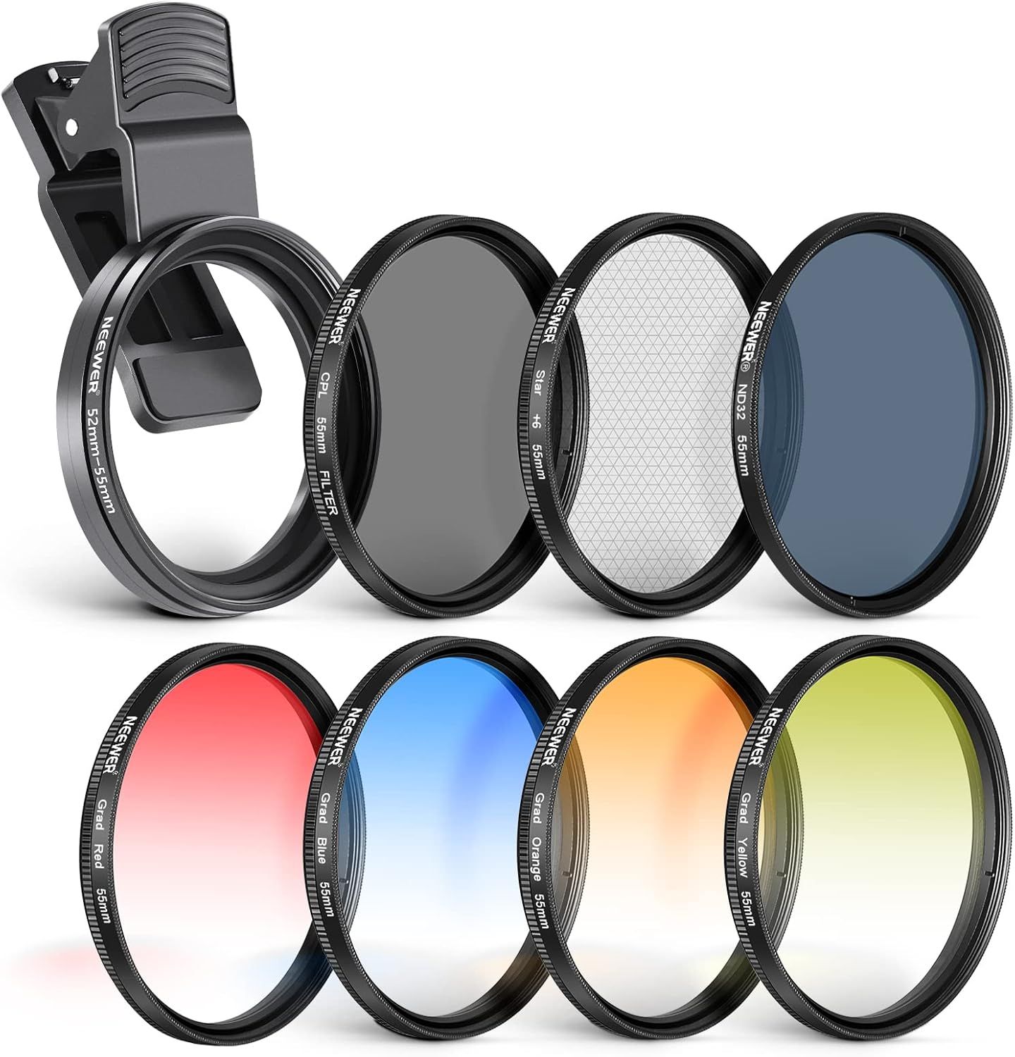 Kit de filtre Neewer 55 mm avec clip pour objectifs de téléphone, CPL, ND32, filtre stellaire à 6 points, filtres gradués (4 couleurs)