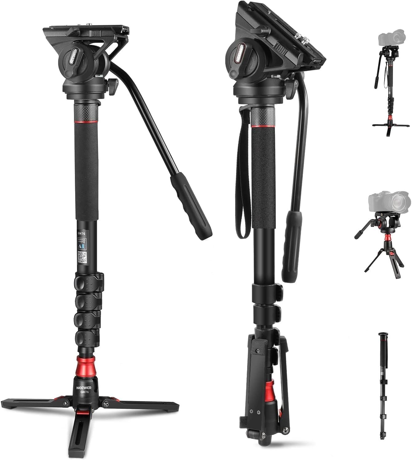 Monopie profesional Neewer GM76 para cámara con patas, telescópico, portátil, de aluminio, cabezal fluido, inclinable, pie extraíble, para cámara réflex digital, carga máxima 6 kg
