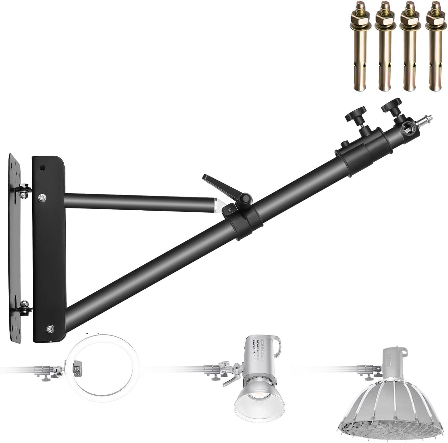 Neewer Wall Boom Arm with Triangular Base for Photography, Video Studio, Stroboscopes, Monolight Lights, Umbrella Reflector, 180° Rotation, Max Length 67 inches, Black