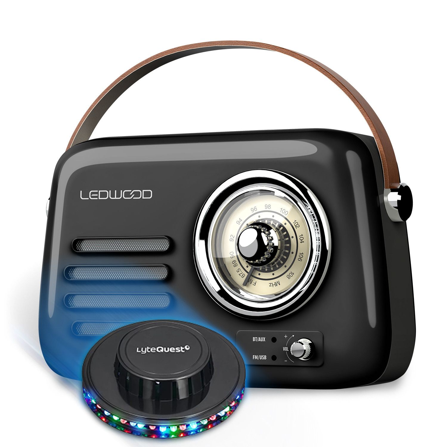 Ledwood ALMA Retro Radio with LED Light, FM, Bluetooth 5.3, USB Input, 30W Power, 1500mAh Battery - Vintage Black, UFO Light
