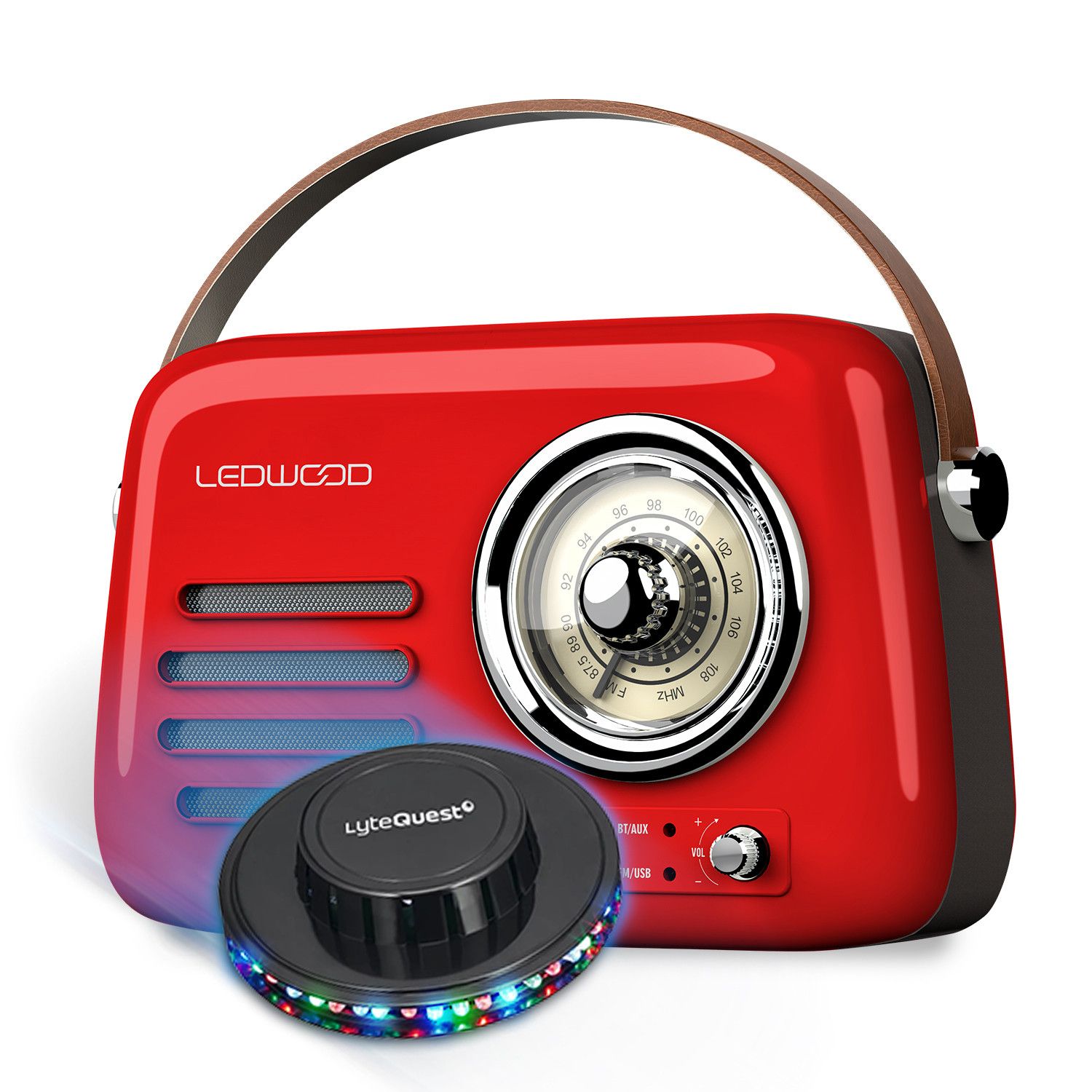 Ledwood ALMA Retro Portable Radio with LED Light, FM, Bluetooth 5.3, USB Input, 30W Power, 1500mAh Battery - Vintage Red, UFO Light