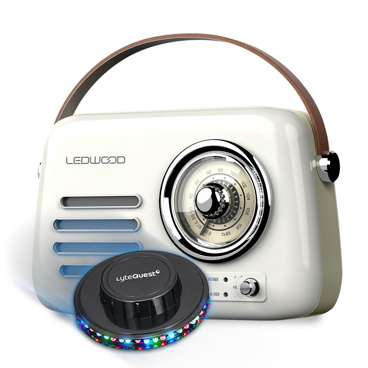 Ledwood ALMA Retro Portable Radio with LED Light, FM, Bluetooth 5.3, USB Input - Vintage White, UFO Light