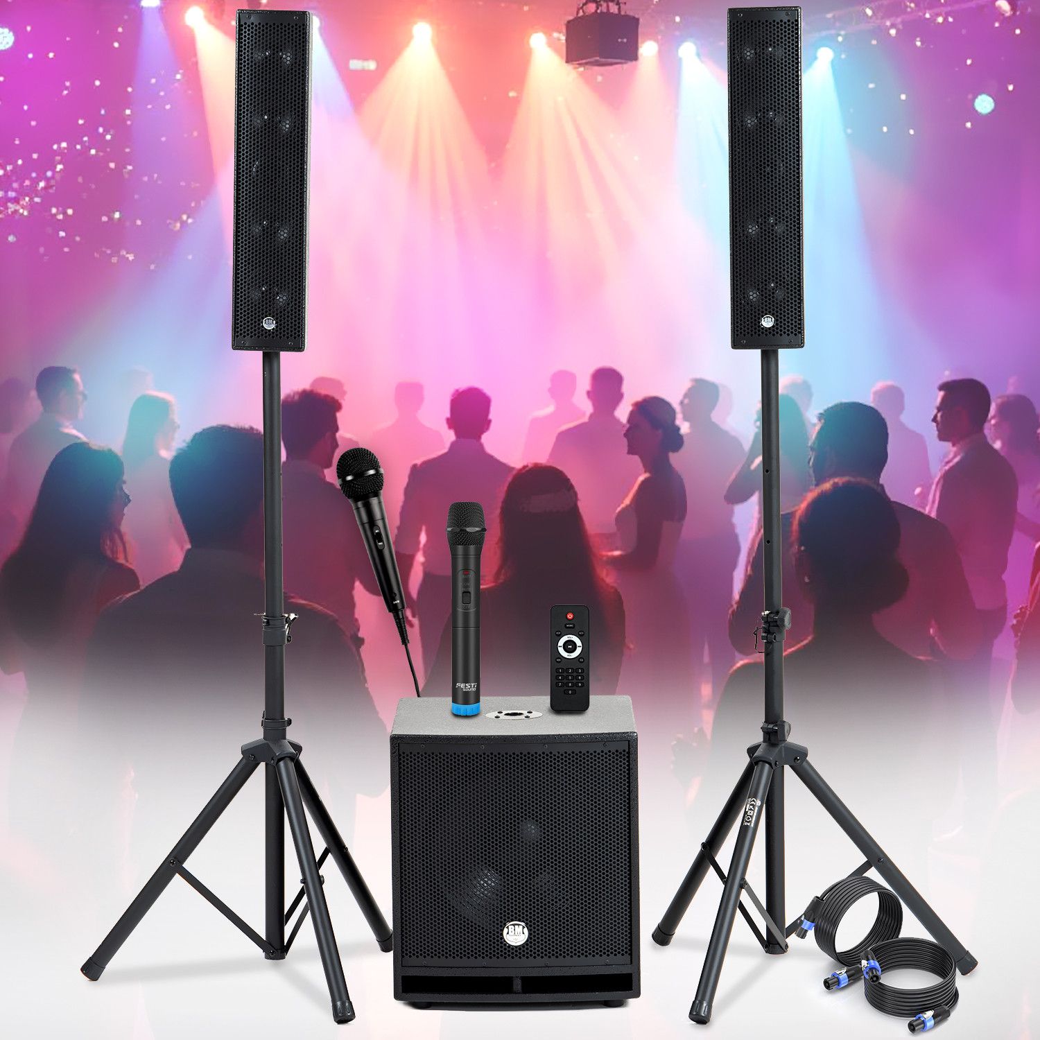 Bm Sonic Complete Sound System 1200W DJ Speakers, Huge 38cm Subwoofer, USB/Bluetooth, 2 Microphones, Music Festival, Wedding, Baptism