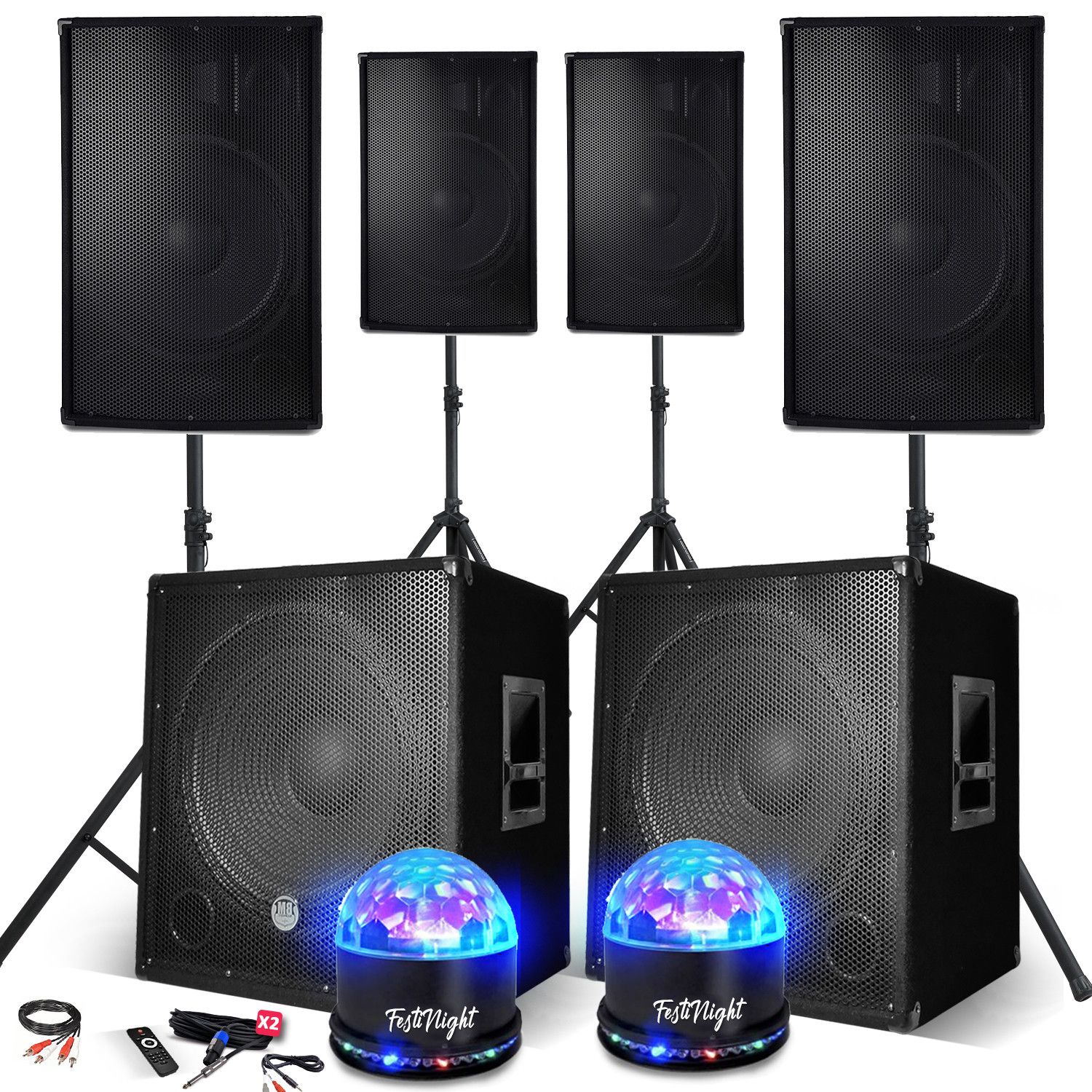 Sistema de sonorización completo 4400W, 4 altavoces 2x Subwoofers mega de 38 cm con cable USB/Bluetooth para PC, 2 iluminaciones LED, rendimiento de audio DJ PA
