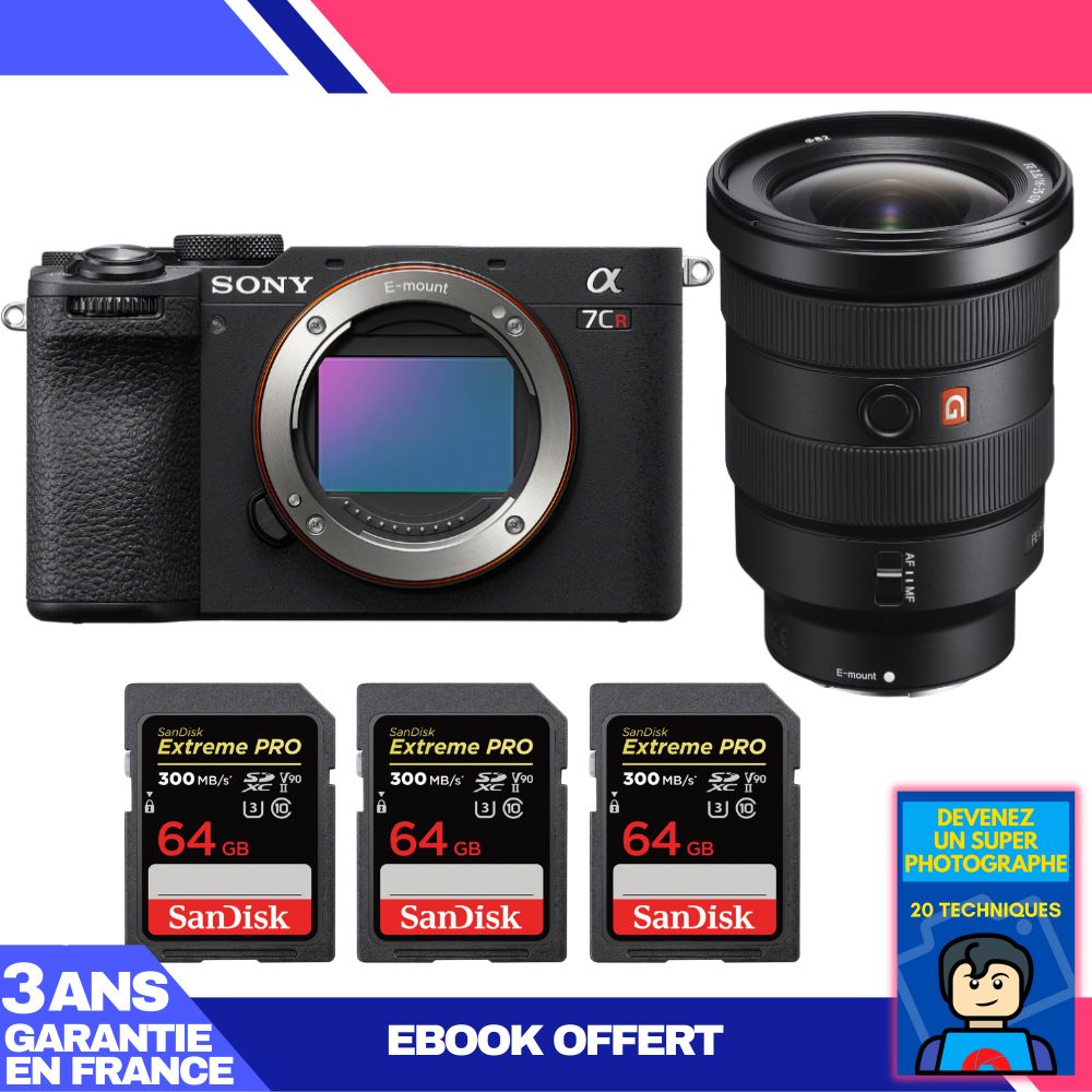 Sony A7CR Black Body + FE 16-35mm f/2.8 GM Lens + 3 SanDisk 64GB Extreme PRO UHS-II SDXC Cards + 'Become a Super Photographer' Ebook