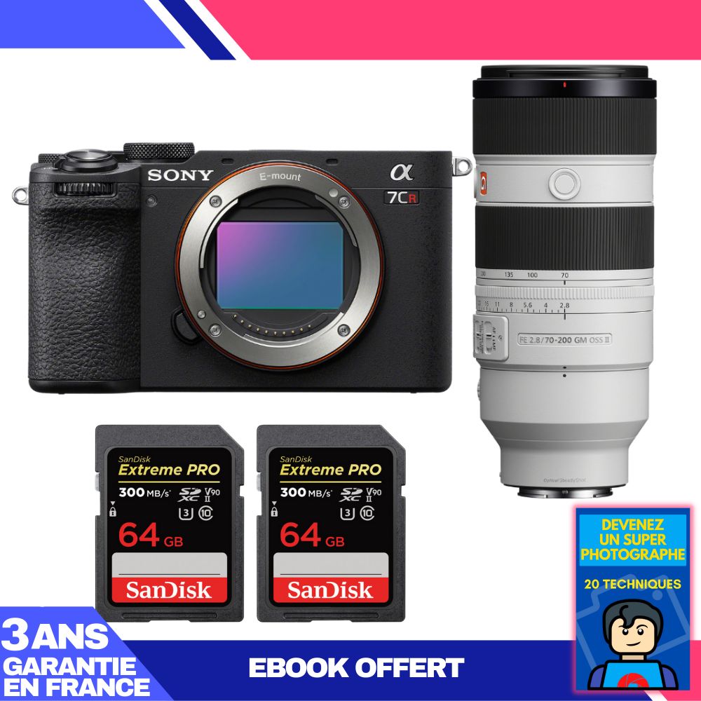 Sony A7CR Black Kit with FE 70-200mm f/2.8 GM OSS II + 2 SanDisk 64GB Extreme PRO UHS-II SDXC Cards