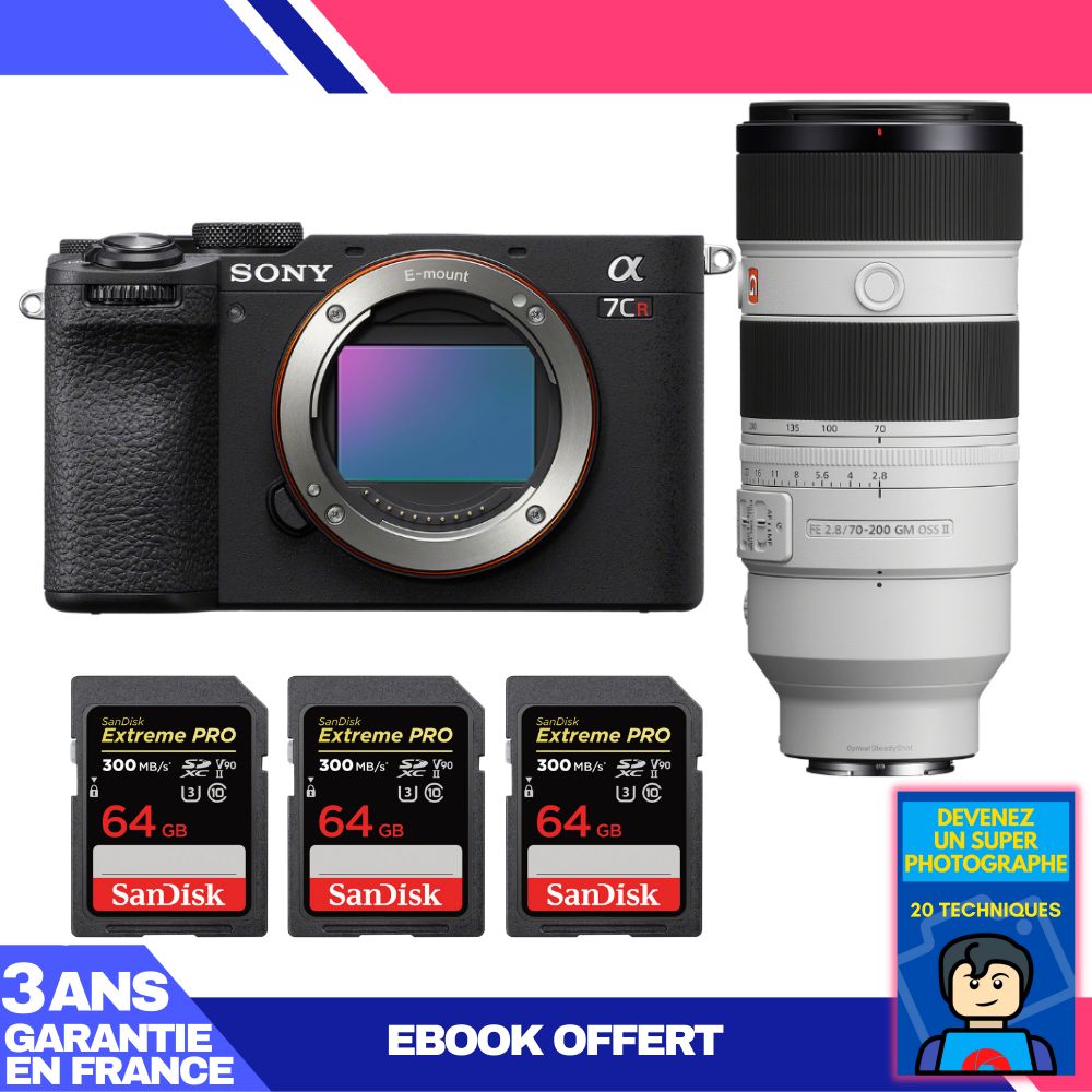 Sony A7CR Black Body + FE 70-200mm f/2.8 GM OSS II Lens + 3 SanDisk 64GB Extreme PRO UHS-II SDXC Cards + 'Become a Super Photographer' Ebook