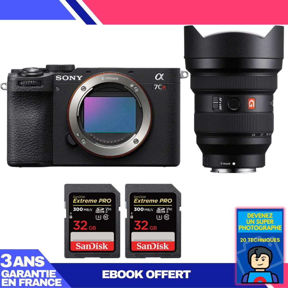 Sony A7CR Black Body + FE 12-24mm f/2.8 GM Lens + 2 SanDisk 32GB Extreme PRO UHS-II SDXC Cards + 'Become a Super Photographer Ebook