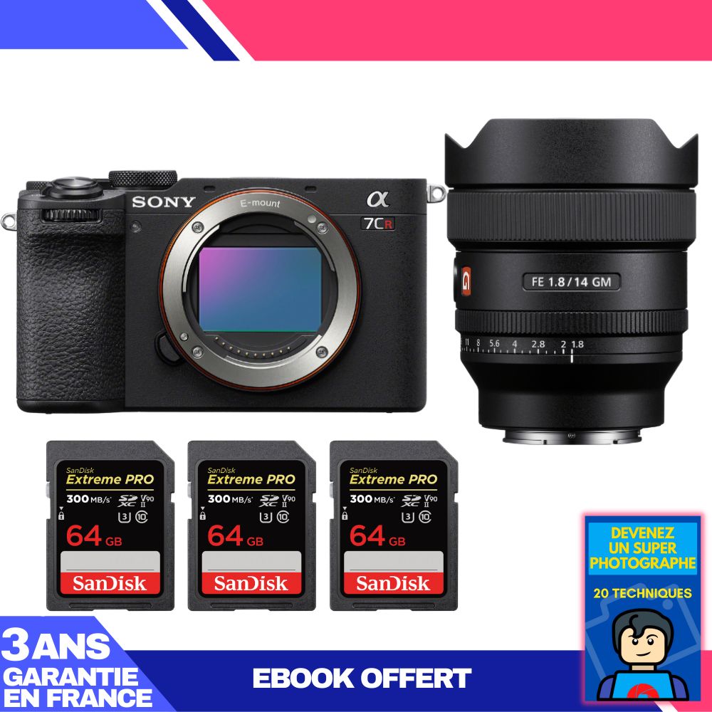 Sony A7CR Black Body + FE 14mm f/1.8 GM Lens + 3 SanDisk 64GB Extreme PRO UHS-II SDXC Memory Cards + 'Become a Super Photographer' Ebook